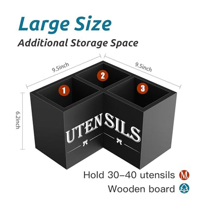 Extra Large Utensil Holder Countertop for Kitchen Counter,Wood,Black | Hold 40 Utensils,3 Removable Divider,Rutic Silverware Organizer Caddy,Spacesaving,Farmhouse Cooking Crock for Spatula,Spoon
