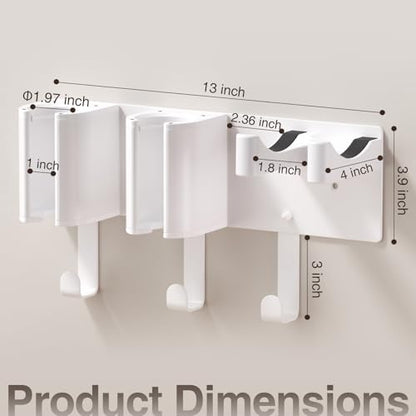Hair Tool Organizer Wall Mount, Hair Dryer & Curling Iron Storage | 3-Compartment Blow Dryer and Straightener Holder, Screw Mounting, Aluminum Alloy & ABS, White (Hair Tools Not Included)