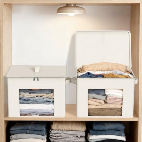 Zilink Fabric Storage Bins with Lid Sweater Closet Organizer, Beige,4 Pack | Stackable, Smooth Zipper, Clear Window, Cloth Storage Bins, Closet Organizers and Storage Box for Home, Office, Bedroom