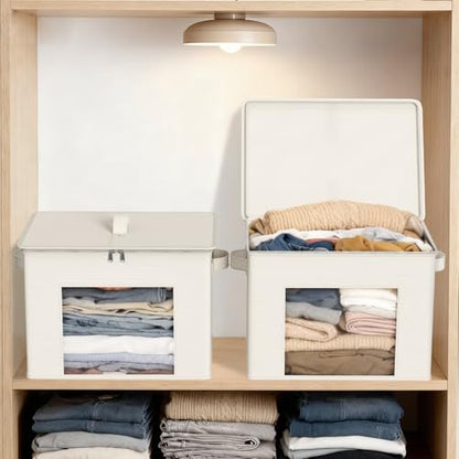 Zilink Fabric Storage Bins with Lid Sweater Closet Organizer, Beige,4 Pack | Stackable, Smooth Zipper, Clear Window, Cloth Storage Bins, Closet Organizers and Storage Box for Home, Office, Bedroom