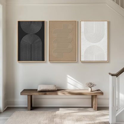 Large Framed Boho Modern Neutral Abstract Wall Art for Living Room, 3 Piece Black and White Canvas Prints Paintings Artwork for Walls, Geometric Pictures for Office Bedroom Dining Room Decor, 24x36 In