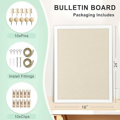 DOLLAR BOSS Double-Sided Bulletin Boards with Linen, 24"x18" Cork Board | Corkboards for Walls, Framed Pin Board, Picture Display Vision Board, For Office Home School, 20 Pushpins 10 Clips