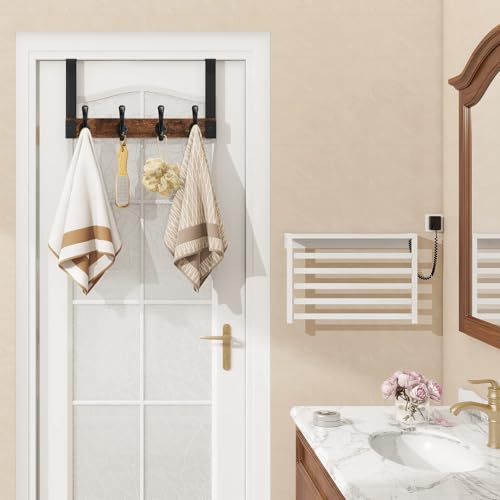 Over The Door Hooks Heavy Duty, Wood Over Door Hanger Hook with Coat Hooks for Hanging Towels, Clothes, Hats, Bags - Rustic Brown Black