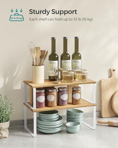 SONGMICS Cabinet Organizer Shelf, Set of 4 Kitchen Counter Shelves, Kitchen Storage, Spice Rack, Stackable, Expandable, Metal and Engineered Wood, Cloud White and Natural Beige UKCS210W01
