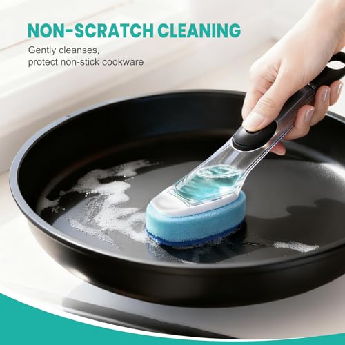Dish Wand with Handle,Non-Scratch Dishwand Refills Replacement Sponge Heads | Leak-Proof Soap Control Dispenser Scrub Sponges, Advanced Scrubber Brush Pads for Kitchen Cleaning Dishes Sink Washing Tool