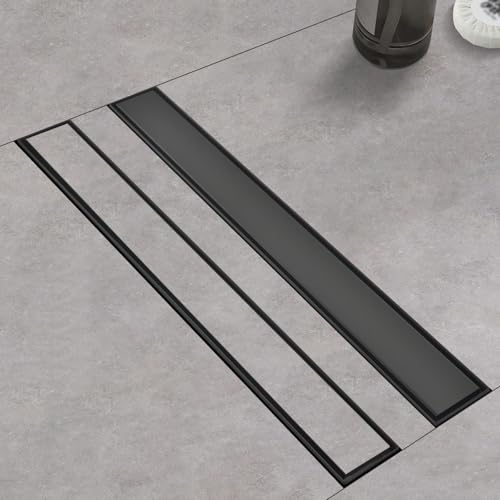 Linear Shower Drain with Tile Insert Panels, 24 Inch Black 304 Stainless Steel Rectangle Shower Floor Drain, with Hair Catcher, Adjustable Feet, Fits Bathroom, Balcony