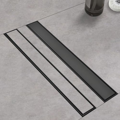 Linear Shower Drain with Tile Insert Panels, 24 Inch Black 304 Stainless Steel Rectangle Shower Floor Drain, with Hair Catcher, Adjustable Feet, Fits Bathroom, Balcony