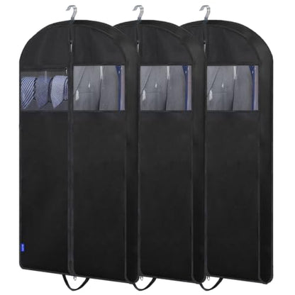 45" Suit Bags for Closet Storage and Travel, Gusseted Garment Bags with Large Back Pocket for Hanging Clothes, Suit Cover With Handles for Suits, Tuxedos, Coats, Shirts, Dresses (Black 3Pack)