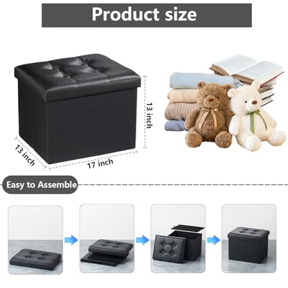 AmasSmile Ottoman with Storage, 17" Folding Leather Foot Rest Stool,Black | Storage Ottoman Foot Rest Stool, Thickened Foam Cushion,Living Room, Bedroom, Dorm, Load 300 lbs, Easy to install,17x13x13in