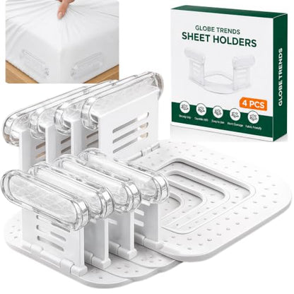 Upgraded Bed Sheet Holders for Corners, 4PCS Fitted Sheet Clips, Heavy Duty Sheet Straps, Bed Sheet Fasteners, Lock Sheet Holders Keep Sheets Firm & Tight, Fits Twin Full Queen King Mattresses