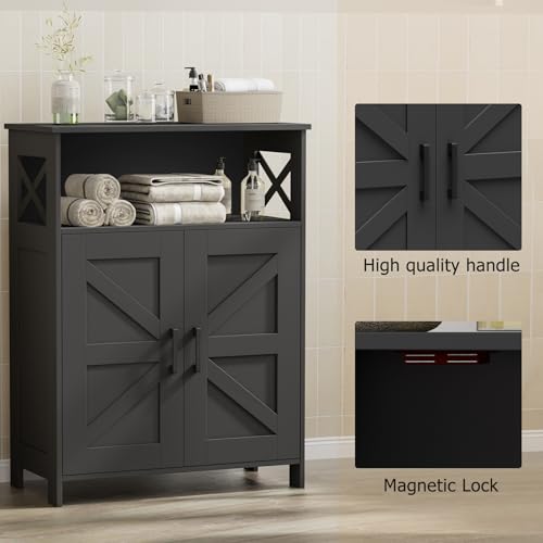 Farmhouse Bathroom Storage Cabinet with Doors, Small Floor Cabinet | Toilet Paper Cabinet with Adjustable Shelf, Freestanding Storage Cabinet for Kitchen/Laundry/Living Room, 24"W, Black