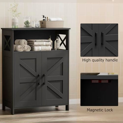 Farmhouse Bathroom Storage Cabinet with Doors, Small Floor Cabinet | Toilet Paper Cabinet with Adjustable Shelf, Freestanding Storage Cabinet for Kitchen/Laundry/Living Room, 24"W, Black