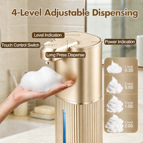 Automatic Soap Dispenser, Foaming Soap Dispenser Touchless with Continuous Dispensing, 4-Level Adjustable, Rechargeable Hand Soap Dispensers, Wall Mounted or Countertop for Bathroom & Kitchen