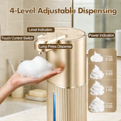 Automatic Soap Dispenser, Foaming Soap Dispenser Touchless with Continuous Dispensing, 4-Level Adjustable, Rechargeable Hand Soap Dispensers, Wall Mounted or Countertop for Bathroom & Kitchen