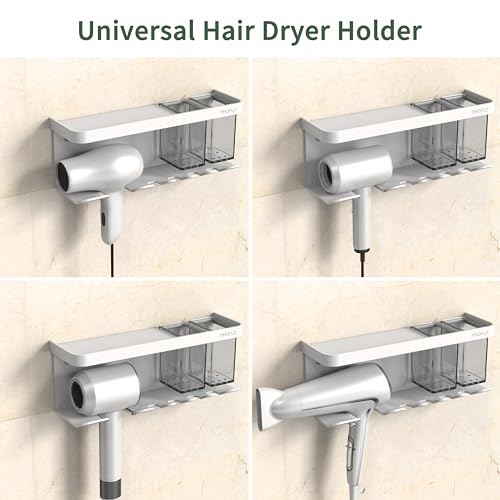 Hair Dryer Holder Wall Mounted Adhesive/Drilling, Hair Dryer Storage Organizer with Shelf & Hooks for Bathroom, Blow Dryer Holder, Hair Tool Organizer (White)