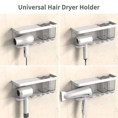 Hair Dryer Holder Wall Mounted Adhesive/Drilling, Hair Dryer Storage Organizer with Shelf & Hooks for Bathroom, Blow Dryer Holder, Hair Tool Organizer (White)
