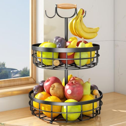 SAYZH 2 Tier Large Fruit Basket for Kitchen Counter with 2 Banana Hangers | Detachable Metal Bowls, Wooden Lift Handle, Versatile Holder for Bread, Snacks, and Veggies.