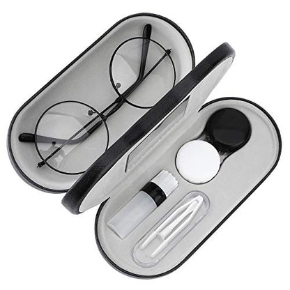 MoKo Double Eyeglass Case,Glasses and contact case 2 in 1 with Mirror | Double Sided Portable Contact Case and Mirror Tweezers Remover,Sunglasses case Container Soak Storage Kit for Women, Black