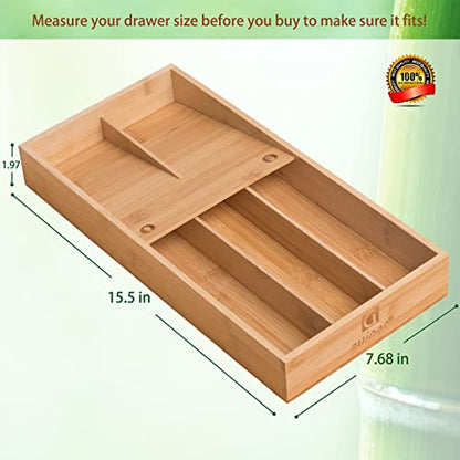 guiogc Bamboo Silverware Organizer, Kitchen Silverware Drawer Organizer, Utensil Tray Holder, Cutlery Tray for Spoons, Forks, Knives