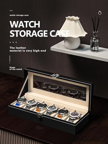 Watch Display Case For Men,Leather Watch Organizer Box,Watch Travel Organizer Tray,Watch Collection Storge Holder For Women (Black Leather, 6 Slots)