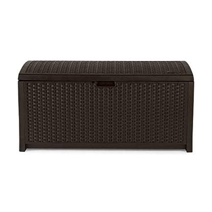 Suncast Outdoor Storage Box - 73 Gallon Mocha Brown Deck Box for Patio, weather-resistant Outdoor Storage Bench, Resin Wicker Style, Heavy-Duty, Lockable Lid for Cushions, Shoes, Pool & Garden Gear