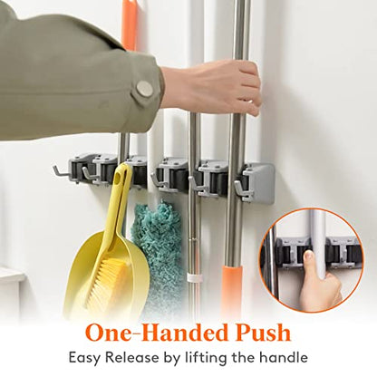 Lifewit Mop and Broom Holder Organzier Wall Hanging Mount, Gray, 1 Pack | Anti-Slip Broom Storage for Cleaning Organizer, Easy Install Tool Hanging Rack with 5 slots & 6 hooks for Kitchen, Garage