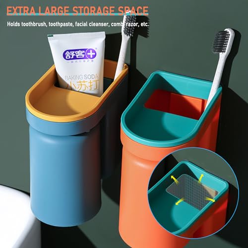 Toothbrush Holder Wall Mounted with Cup,2-in-1 Toothbrush Holders & Cups Set,Inverted Design for Easy Cleaning and draining,Stick-on Toothbrush Holder for Bathroom (4 Pack)