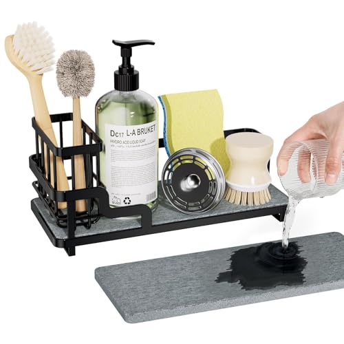Sponge Holder for Kitchen Sink - Sink Caddy Organizer with Water Absorbing Stone Tray, Detachable Brush Holder, Stainless Steel Kitchen Counter Organizer Rack, Black