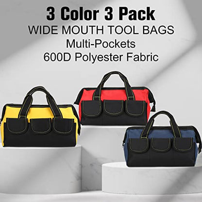 Sanwuta 3 Pack Tool Bag for Men with Waterproof Hard Bottom, Heavy Duty Tool Bag Wide Mouth Tote for Various Instrument, Electrician Carpenter Mechanic(Blue, Red, Yellow,13 Inch,Classic)