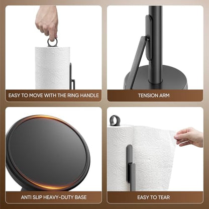 Heavy-Duty Paper Towel Holder with Tension Arm, Countertop(1, Black) | Easy One-Handed Tear, Modern Stainless Steel Countertop Paper Towel Dispenser for Kitchen, Holds Standard and Jumbo Rolls