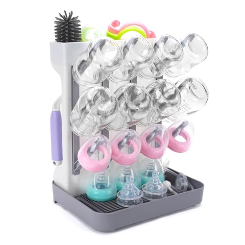 Baby Bottle Drying Rack: Space Saving Vertical Bottle Drying Holder with Brushes Holder - Large Bottle Storage Holder Organizer 12 Bottles & Baby Accessories,BPA-Free, Gray