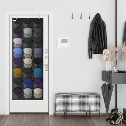 Baseball Hat Rack, 24 Pocket Over-The-Door Hat Organizer with Clear Deep Pockets to Display Baseball Caps Collection, Complete with 3 Over Door Hooks (Black, 24 Pockets)