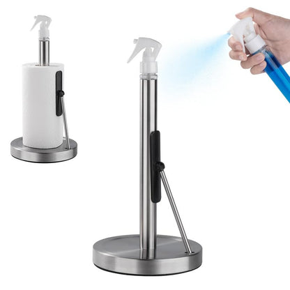 2-in-1 Standing Paper Towel Holder with Spray Bottle, Paper Towel Stand with Suction Base & Weighted Arm for Kitchen, Countertop, Stainless Steel Brushed Nickel Finish (Black)