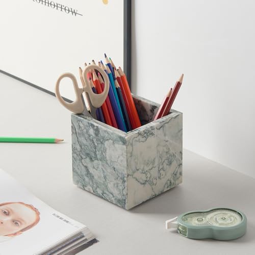 Real Luxurious Natural Marble Toothbrush Holder & Makeup Brush Organizer | Pen Holder for Desk,3.93inch Square Marble Utensil Holder Non-Ceramic/Non-Resin （Cyan Green）