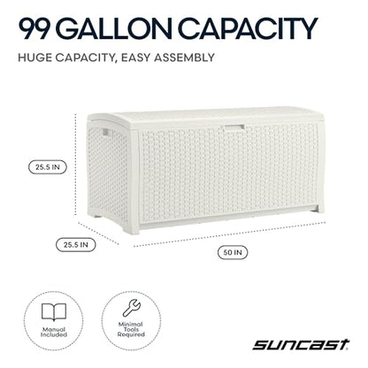 Suncast 99 Gallon Wicker Horizontal Outdoor Deck Box with Hinged Lid, Water-Resistant Storage Solution for Patio, Deck, Yard, and Garage, White, Made in the USA