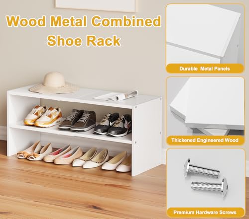 White Shoe Rack Organizer for Closet, 2-Tier Expandable Shoe Shelf, Stackable Iron Wood Combination Small Shoe Racks Shelves for Closets, Entryway,Small Space,Hallway,Bedroom,Bathroom,6-12 Pairs