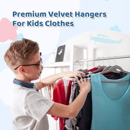 Premium 14 Inch Kids Hangers 50 Pack, Baby Velvet Hanger Non Slip | Grey Space Saving Felt Hangers Clothes Organizers for Closet with 360° Swivel Hook for Children, Toddler & Teens