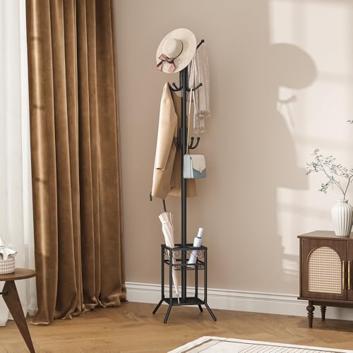 Coat Rack Freestanding, Metal Coat Rack with Umbrella Holder | 12 Hooks, Square Base, Heavy Duty Floor Standing Coat Tree for Entryway, Hallway, Living Room, Bedroom, Office, Black