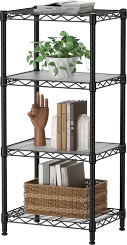 4 Small Shelves Storage Shelf Wire Shelving Unit Metal Shelf Adjustable Organizers Storage Shelving with Wheels for Bathroom Laundry Room Kitchen Pantry11.5”D x 17.3”W x 44.5”H Black