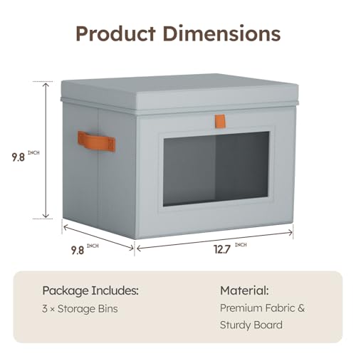 Storage Bins with Lids - Front Opening Storage Box with Clear Window & Handles, Stackable Foldable Fabric Bins for Closet Organization, Clothes, Sweaters, Towels, Blankets, 3 Pack, Grey