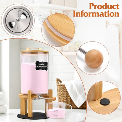 Laundry Detergent Dispenser,Glass Laundry Powder Dispenser with Bamboo Base，Suitable for Scent Beads and Powdered Laundry Detergents in the Laundry Room，Capacity: 4L/8lb/128oz