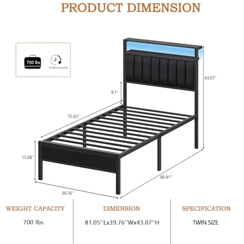 Twin Size Bed Frame with Charging Station and LED Lights