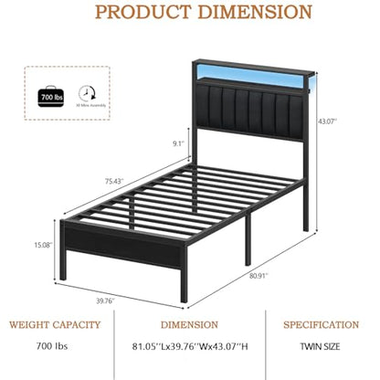 Twin Size Bed Frame with Charging Station and LED Lights