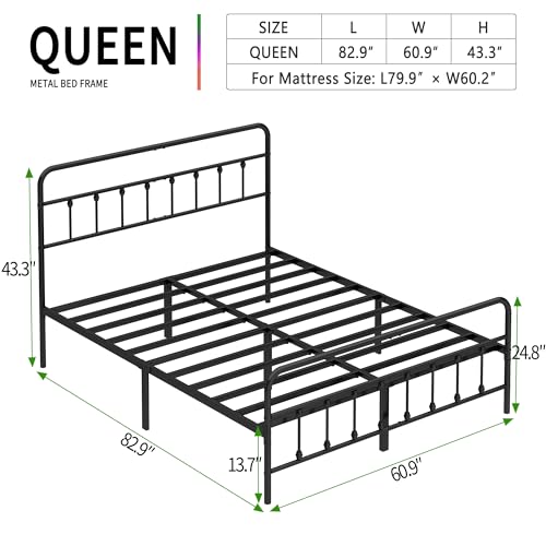 Queen Size Black Metal Bed Frame with Headboard and Footboard, 12 Inch Underbed Storage Space, Heavy Duty Mattress Foundation with Steel Slat Support No Box Spring Needed