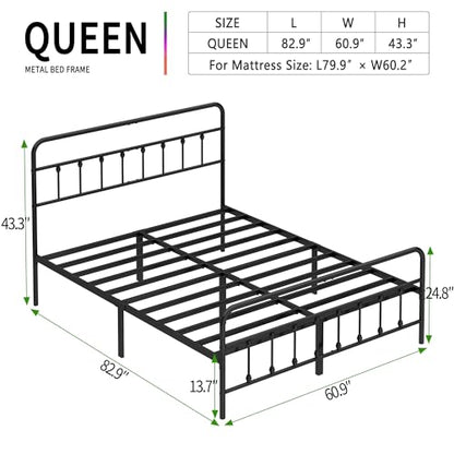 Queen Size Black Metal Bed Frame with Headboard and Footboard, 12 Inch Underbed Storage Space, Heavy Duty Mattress Foundation with Steel Slat Support No Box Spring Needed