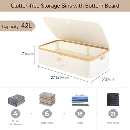 StorageWorks Underbed Storage Containers with Lids, 2-Pack 7" Low Profile Under Bed Storage Box with Bamboo Frame for Clothes, Bedding, Blankets and Shoes, 42L Sturdy Fabric Organizer, Beige