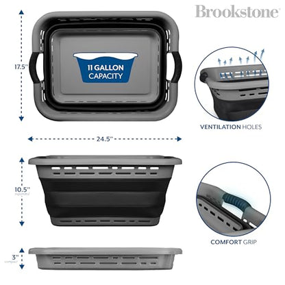 BROOKSTONE 11 GALLON XL 24" Collapsible Laundry Basket & Clothes Hamper, Comfort Non-Slip Handles, Modern Laundry Hamper with Space Saving Design, Portable Pop-Up Hamper, BPA FREE, Grey, 1 Pack