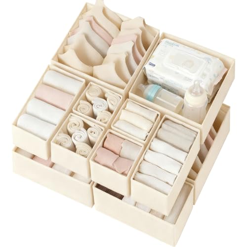 Drawer Organizer Clothes 12 Pack, Dresser Organizer for Nursery Bedroom Closet Organization and Storage - Baby Clothes Organizer Bins - Drawer Divider for Sock Underwear Bra Ties (Beige)