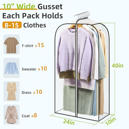 LANDNEOO 6 Pack Clear Garment Bags for Hanging Clothes with Zippers on Double Sides - 10'' Clothes Storage for Coat, Dress, and Fur in Closet - 40'' Long Suit Bags