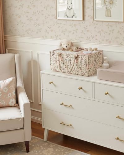 Blissful Diary Floral Diaper Caddy Organizer, Stylish Nursery Storage Basket, Diaper Bag,Gift for Baby Shower, Baby Registry Must Have, Newborn Essentials, Pastoral Daisy
